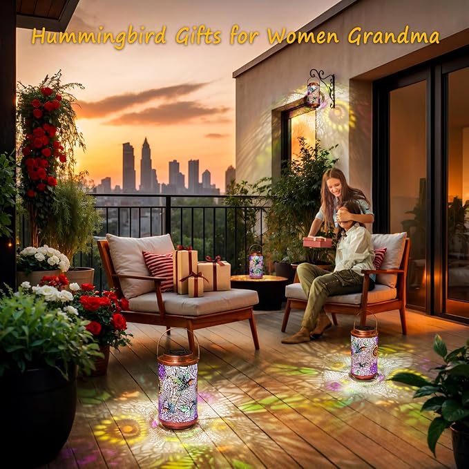 2Pack Solar Lanterns Outdoor Waterproof Hummingbird Garden Gifts for Mom, Multicolor Solar Lights Lantern for Backyard Garden, Pathway, Outside, Mothers' Day Gifts for Women Grandma