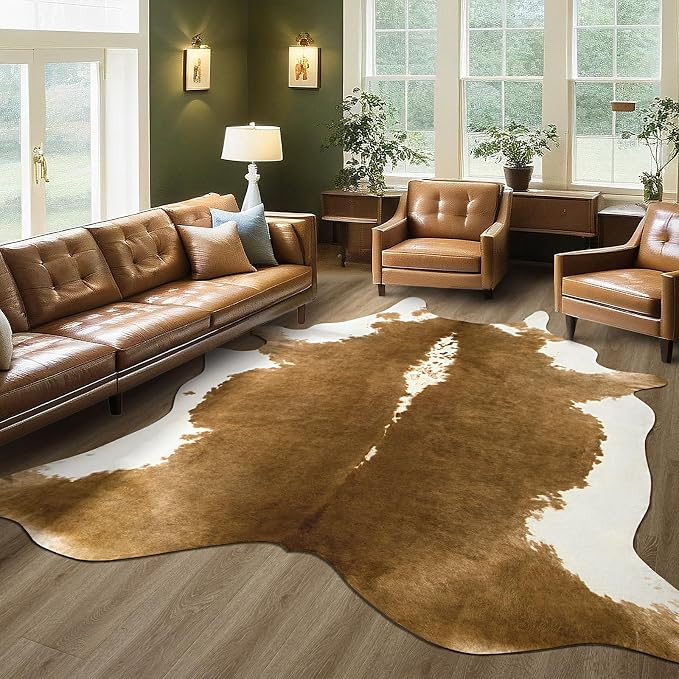 BENRON Faux Cowhide Rug, Cow Print Rug for Living Room Bedroom 5.2x6.2ft | Western cow hide rug for Cowboy Cowgirl Home Decor, Washable Rugs with Irregular Animal Skins and Hides Non Slip, Khaki Brown