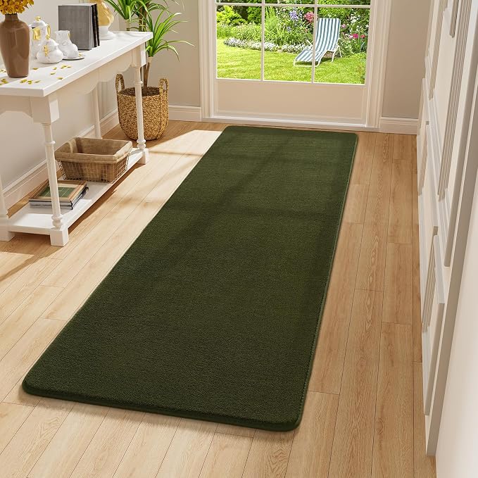 Amearea Modern Soft Hallway Runner Rug, 2x6 Olive Green Washable Runner Rug | Fluffy Bedroom Bedside Rugs, Indoor Non Slip Memory Foam Rug Carpet for Hallway Entrance Kitchen Living Room Decor