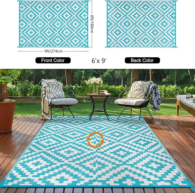Outdoor Patio Plastic Straw Rug - 6x9 ft Outdoor Camping Rug Waterproof Reversible, Area Carpet Patios RV, Outside Porch Balcony Deck for Camper, Blue & White