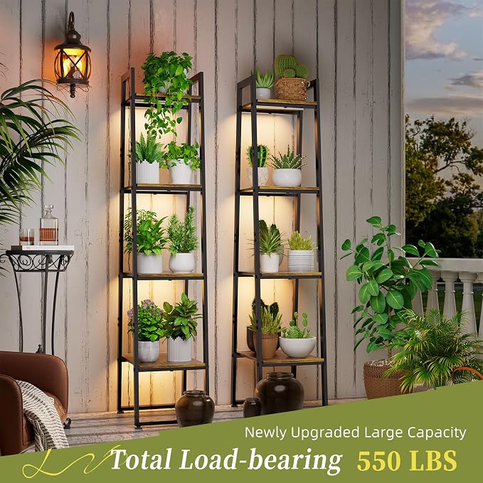 Simple Trending 4-Tier Tall Metal Plant Stand with Grow Light, Heavy Duty Ladder Shelf for Indoor Plants, Flower Planter Display Holder for Bedroom Balcony Patio Decor, Black