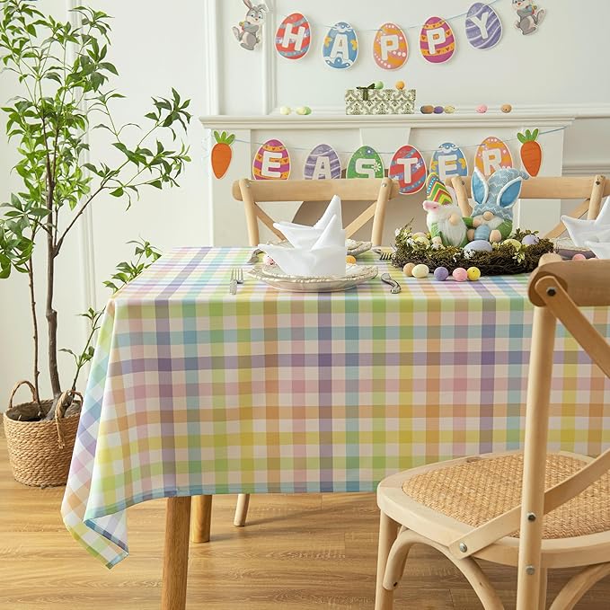 Easter Sunday Spring Plaid Tablecloth - Colorful Rectangular 58x102 Inch Water Resistant Table Cloth for Indoor/Outdoor Use - Rustic Table Cover for Kitchen, Picnics, and Parties