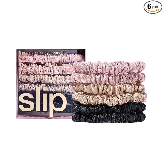 slip Skinny Scrunchies Multi | Set of 6 Pure Silk Skinny Scrunchies | Includes 2 Pink, 2 Caramel, 2 Black | 100% Mulberry Silk, Anti-Crease, Gentle on Hair, Reduces Breakage | Stylish & Durable