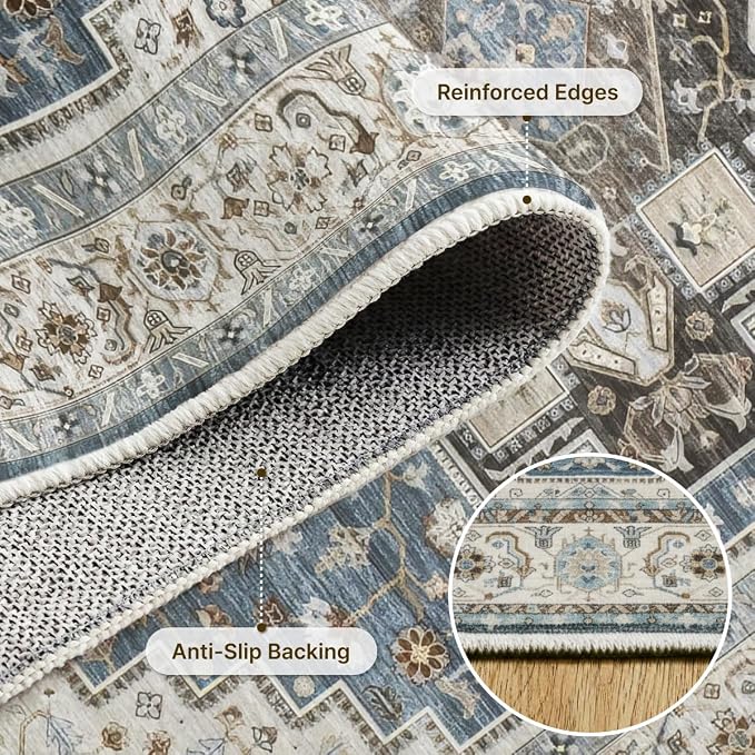 5x7 Area Rug for Living Room Vintage Neutral Washable Rugs | Stain Resistant Farmhouse Boho Floral Indoor Carpet for Bedroom Office and Home Decor(Floral Blue)