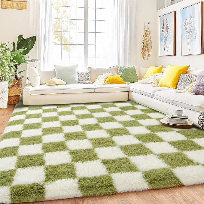 Checkered Rug for Living Room 6x9, Ultra Fluffy Fuzzy Shag Large Area Rug for Bedroom, Modern Plush Soft Upgrade Non-Slip Carpet for Kids Girls and Boys Room Dorm Home Decor, Cream and Green