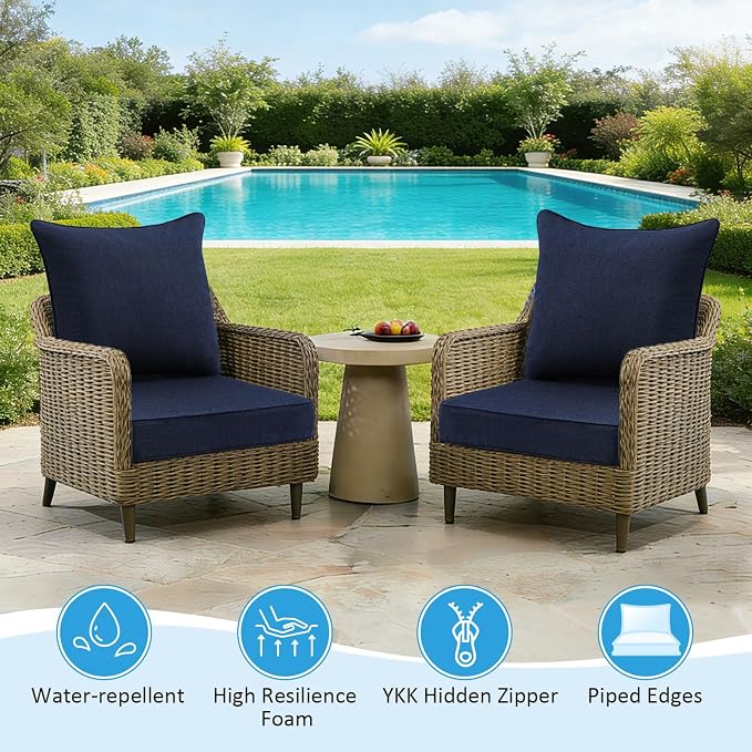 Sunbrella Outdoor Deep Seat & Back Cushion Set (2-Pack), 24 x 24 Inch Water Repellent and Fade Resistant Patio Furniture with Removable Cover for Outside Sofa Couch, Canvas Navy