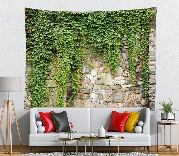 BELECO Green Leaves Tapestry 118x78 Inch Spring Garden Tapestry Wall Hanging Old Stone Wall Overgrown with Leaves Outdoor Nature Tapestries Greenery Home Decor Aesthetic Living Room Bedroom Dorm Decor