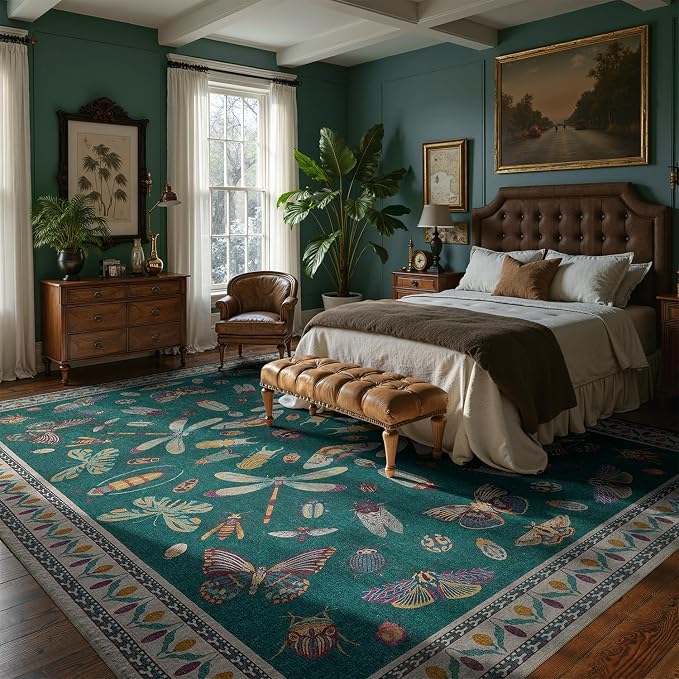 DCX 5x7 Washable Bug Rug for Living Room, Soft Low Pile Rug, Deep Teal | Easy to clean, non-shedding, soft, kid & pet friendly, with a non-slip rubber backing for bedrooms, and nature-themed decor