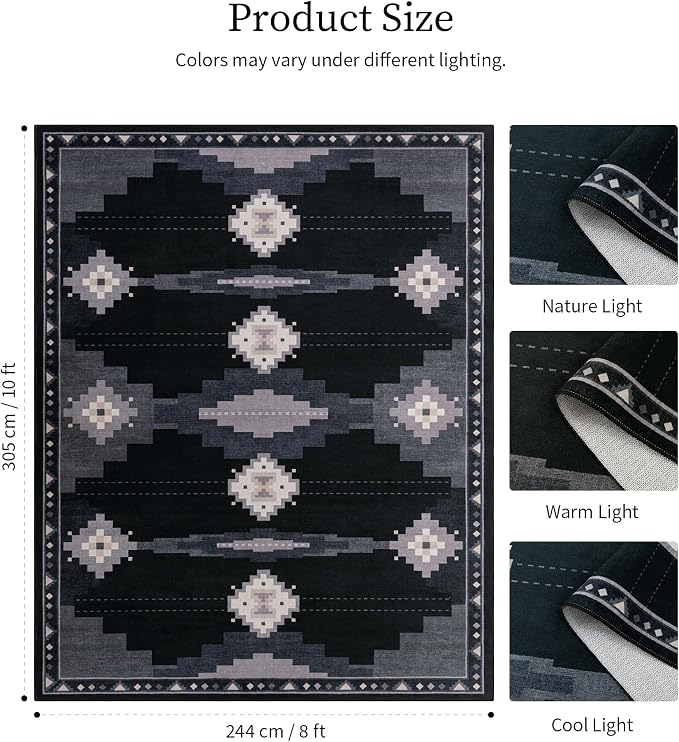 8'x10' Washable Large Living Room Area Rug, Black and Grey Tribal Aztec Rug | Soft, Non-Slip, Low Pile, Western Geometric Design, for Boy Bedroom Dining Room Playroom, Pet Friendly, Stain Resistant