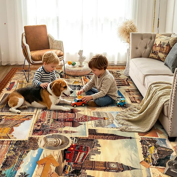 Vintage World Landmark Stamp Collage Area Rug, 5x7ft Retro European Travel City Print Washable TPE Backing Non-Slip Rug, Travel Themed Decor Floor Mat for Living Room Bedroom Office Home Decor