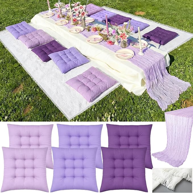 8 Pcs Fit for 6 People 91 x 71'' Extra Large Outdoor Picnic Blanket with Purple Table Runner and Floor Pillow Cushion Fit for 6 People Picnic Wedding Birthday Baby Shower Backyard Decor