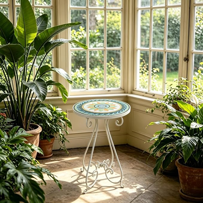 Outdoor Side Table & Mosaic Ceramic Plant Stand, 14" Metal Round End Table for Garden Home Patio Yard Porch Patio Decor Weather Resistant Outside Accent End Furniture (Flower#3)