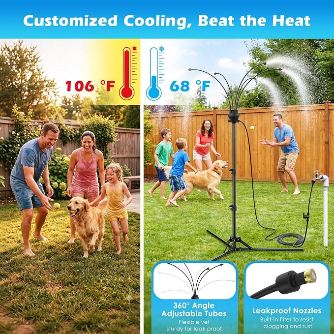 Roylvan Portable Misters for Outside Patio, Standing Misting System for Outdoor, 5.25ft Height Adjustable Stand Mister with 4 Nozzles, Tanning Mister Water Mist Hose Kit for Backyard Garden Pool Patio