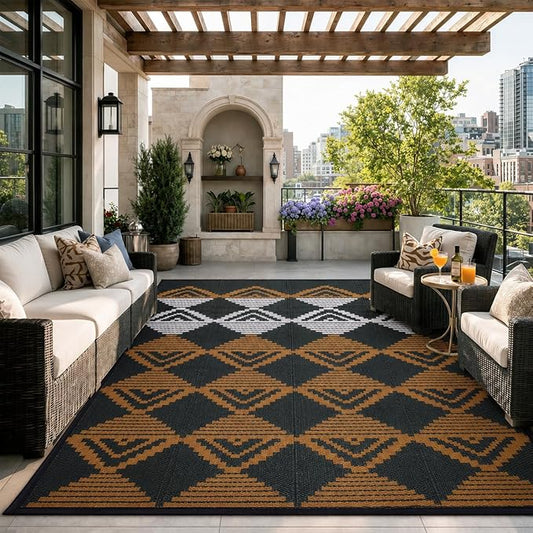 Lahome Outdoor Rugs 8x10 Waterproof, Reversible Plastic Large Outdoor Rug for Patios, Outside RV Mat Carpet for Patio Deck Porch Backyard Balcony Picnic Trailer (Black/Brown, 8' x 10')