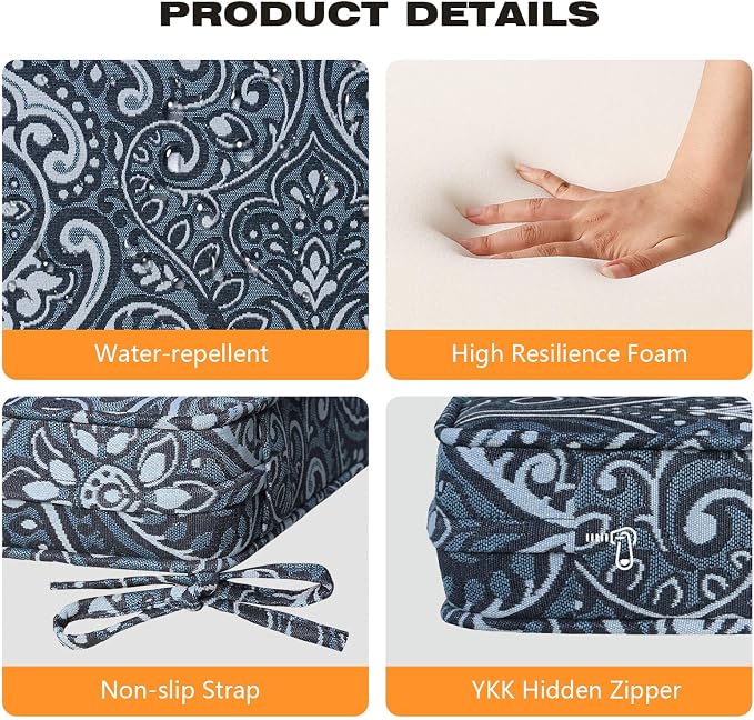 Unimatta Square Corner Seat Cushions, 18.5" x 16" x 3", Set of 4, Indoor Outdoor Water Repellent Universal Chair Pads with Ties for Patio Furniture, Garden Deck Dining Chairs, Damask Blue Flower