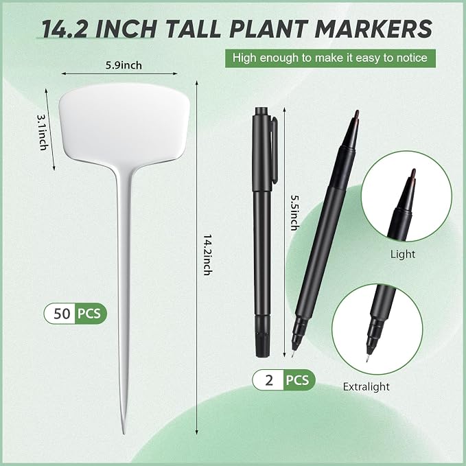 Colingmill 50 Pcs 14.2 Inch Plastic Plant Labels Tags T Type Plant Markers with Pen for Outdoor Indoor Garden Pot Herbs Flowers Vegetable(White)