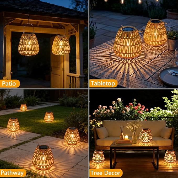 2 Pack Solar Lights Outdoor Waterproof, Rattan Solar Lantern, Hanging Outdoor Solar Lights for Yard, Outdoor Solar Lanterns Decorative, Garden Lights Solar Powered for Tree, Patio, Table Lantern Decor