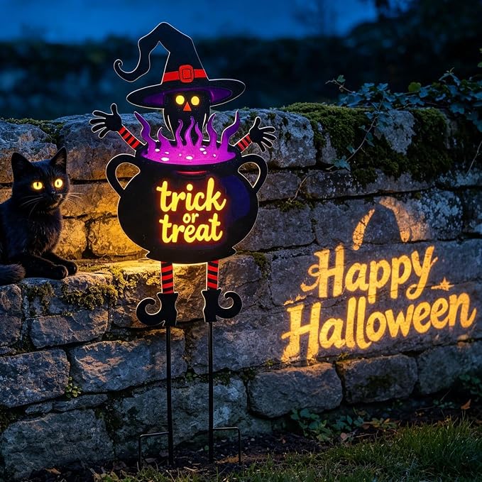 Witch Halloween Decorations Cauldron 39.7" with Trick or Treat Sign | Large Halloween Yard Stakes Metal for Garden, Lawn, and Outdoor Spooky Yard Decorations