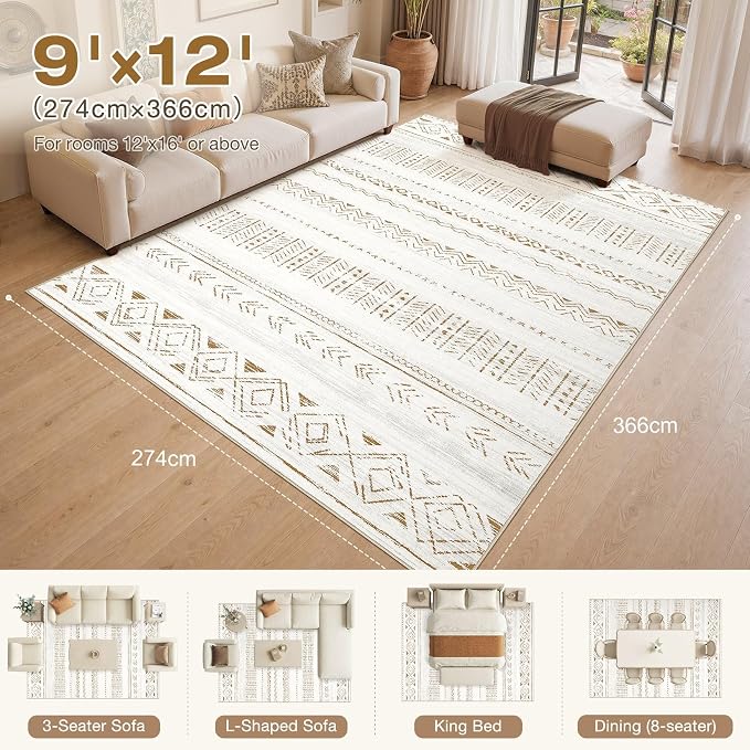 cotiled Boho 9x12 Area Rug for Living Room: Large Moroccan Washable Rug | Solve Modern Trendy Home Decor - Stain Resistan Carpet for Bedroom Brown Cream
