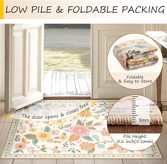 RELEANY Floral Washable Square 5ft Area Rug Beige/White/Orange | Flower Carpet, Print, Boho, Non-Slip, Easy to Clean, Soft, Low Pile for Living Room Bedroom Kitchen Office Entryway Hallway