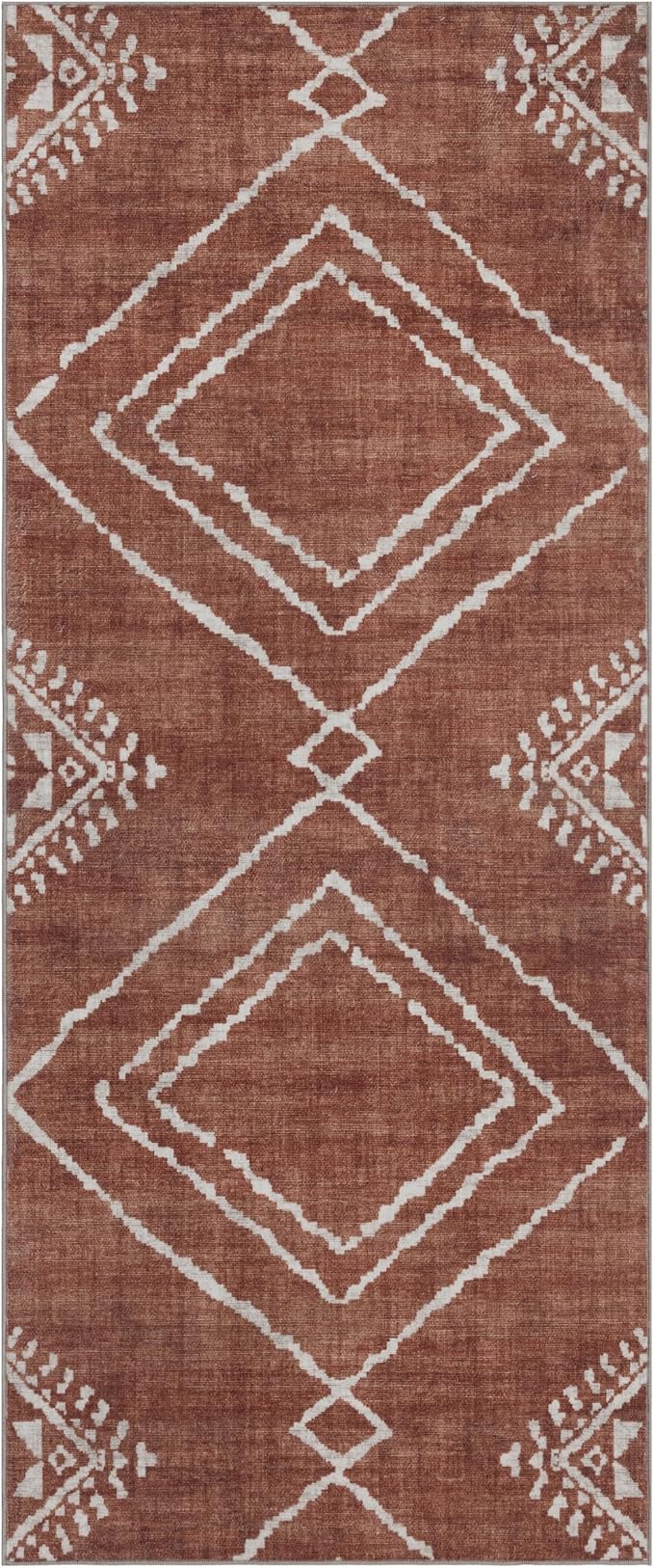 Machine Washable Area Rug Runner - Living Room Bedroom Bathroom Kitchen Entryway Office - Padded Low Pile Stain Resistant Premium - Moroccan Diamond Tribal - Jax - Orange 2'6" x 10'