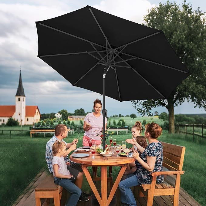FLAME&SHADE 11 ft Patio Umbrella - Table Umbrella Outdoor with Push Button Tilt and Crank, UV Protection, 8 Sturdy Ribs, Market Umbrella for Garden, Deck, Backyard, Lawn, Pool and Beach(Black)