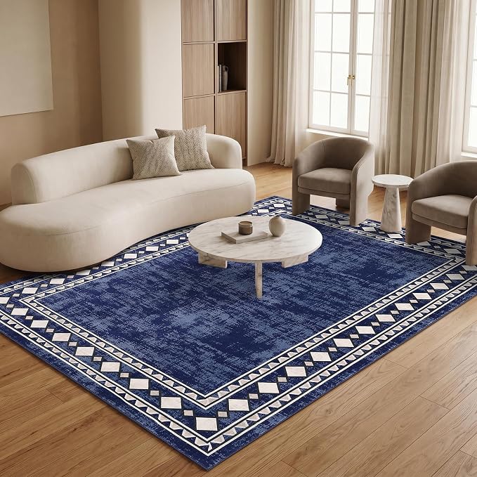 Garvee 5x7 Area Rugs Vintage Border Washable Rugs Living Room, Blue | Boho Area Rug Stain Resistant Easy Cleaning Throw Rugs Non Shedding Low Pile Floor Cover for Nursery Dining Room