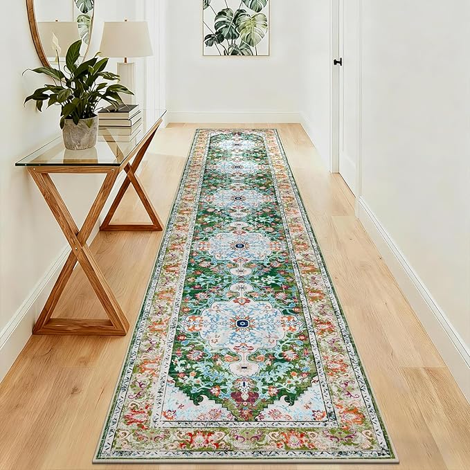U'Artlines 3'x14' Boho Hallway Runner Rug Non Slip Washable Runners,Green | Vintage Farmhouse Kitchen Rug Accent Area Carpet for Entryway, Dining Room and Living Room