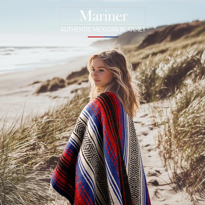 Hydration Nation Authentic Large Handwoven Mexican Striped Throw Blanket - Soft, Durable, Eco-Friendly - 70"x50" - Mariner