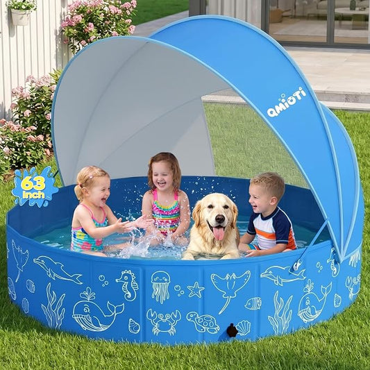 63in Kiddie Pool with Canopy, Foldable Kids Pool with Detachable UPF 50+ Sunshade, Portable Non-Slip Swimming Pool Dog Pool for Backyard, Beach, Outdoor Summer Water Play