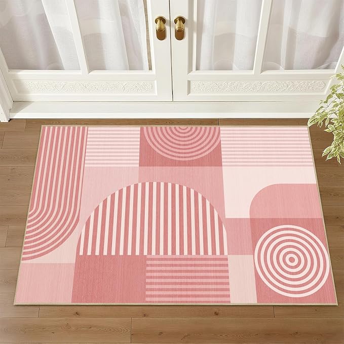 Pink Geometric Rug 2x3 for Entryway Machine Washable Mid Century Modern Rug Non Slip Low Pile Minimalist Line Rugs Door Indoor Mat Carpet for Bathroom Bedroom Kitchen Laundry,Pink