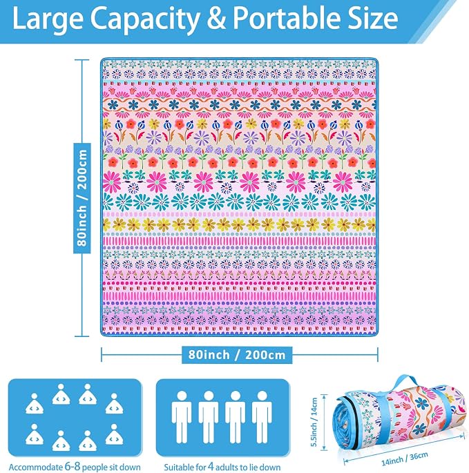 Floral Picnic Blankets Waterproof Foldable, 80″X80″ Extra Large Picnic Mat Boho Outdoor Blanket for Grass, Cute Packable Beach Blanket Sandproof Picnic Accessories for Camping Music Festival Park Lawn