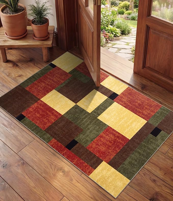 Red and Green Entryway Rug 2x3,Checkered Area Rug,Vintage Welcome Mats for Front Door, Farmhouse Kitchen Rugs Washable, Geometric Area Rug for Indoor Entrance,Brown Boho Rugs