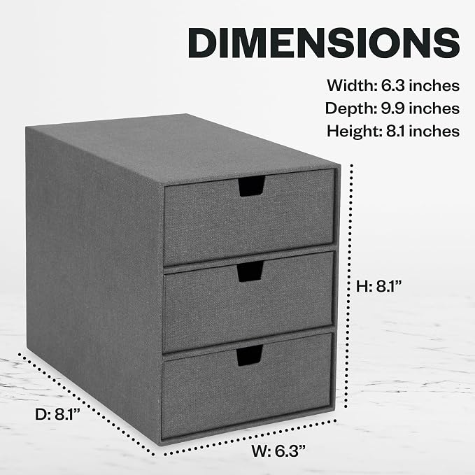 Bigso Box of Sweden Ingrid 3-Drawer Canvas Fiberboard Desk Organizer for Office Supplies and Accessories - Stackable Makeup Drawer Organizer - 6.3in x 9.9in x 8.1in - Grey (Pack of 2)