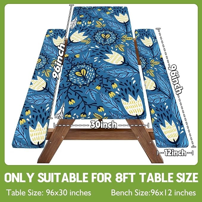 Picnic Table Cover with Bench Covers Waterproof Elastic Rectangle Tablecloth Camping Essentials Supplies Rv Car Travel Gear Must Haves Accessories Fitted Table Cloth Outdoor Road Trip Camper Gifts 8ft