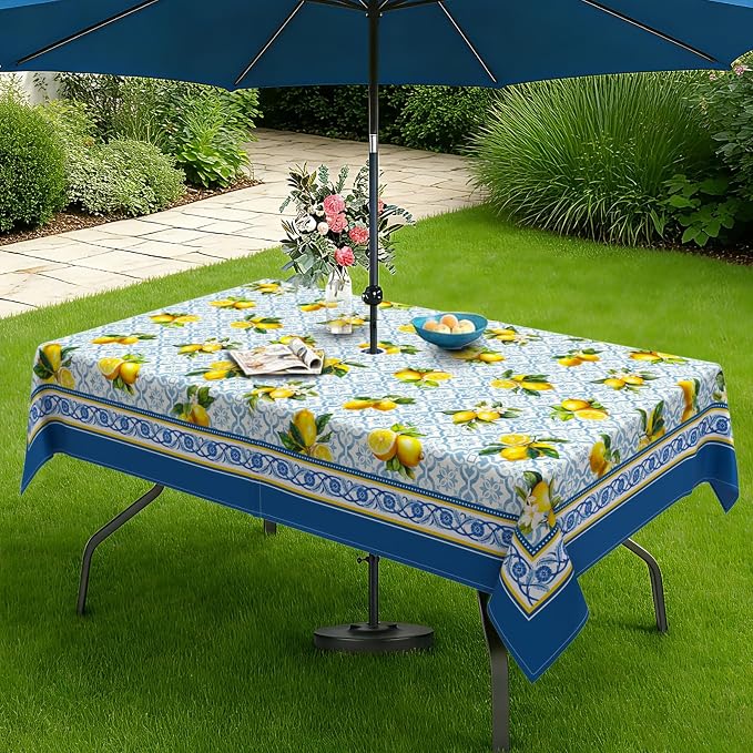 Lemon Outdoor Tablecloth with Umbrella Hole 60" x 102" Waterproof Zipper Table Cloth for Garden - Ideal Patio Table Cover for Picnics, Camping, and Yard Use