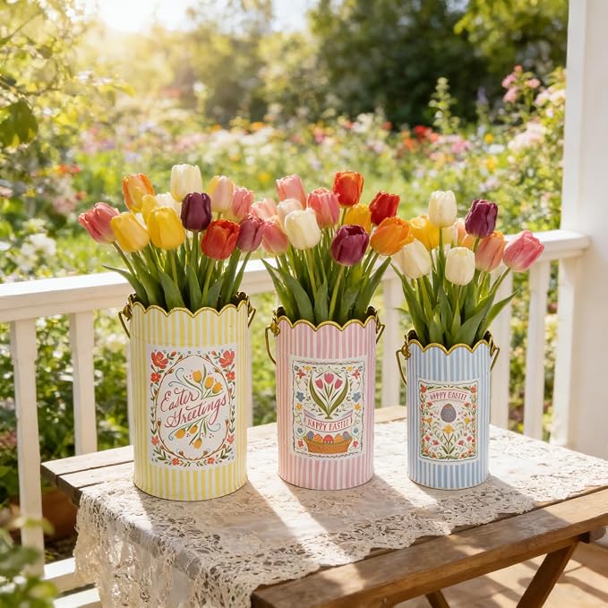 Set of 3 Vintage Spring Metal Planter with Handle, Decorative Floral Bucket Cute Striped Design Flower Pots for Garden & Home Decor