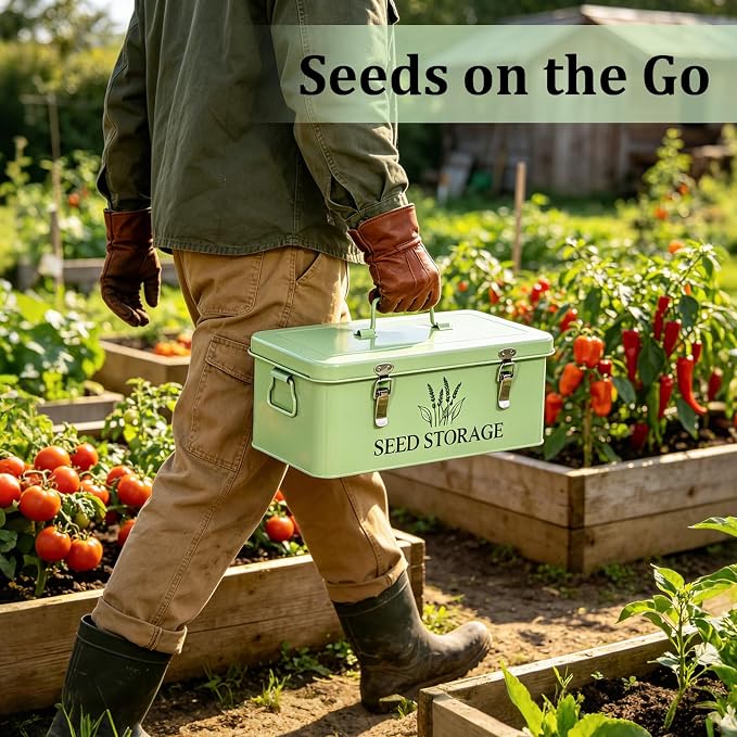 60-Slot Metal Seed Storage Organizer Box, Seed Saving Box | 3 Compartments Organization, 60 Seed Envelopes & Labels, Seed Packet Storage, for Flower Vegetable Seeds, Garden Organizer