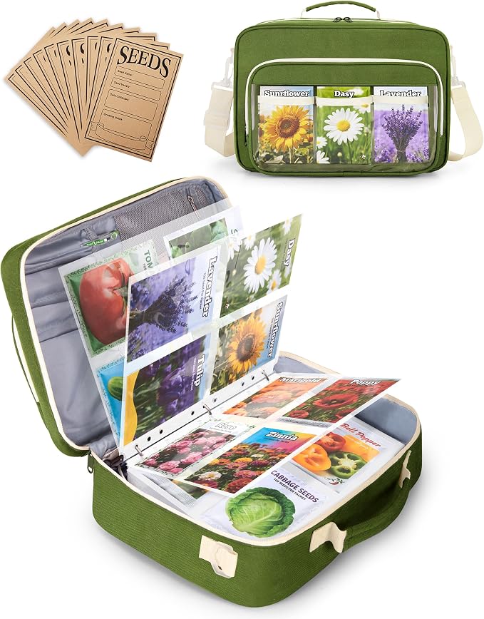 Seed Storage Organizer Binder with 20 Reusable Seed Envelopes | 30 Sheet Protectors Holds 120 Packets Envelopes, 1.5-Inch 3-Ring Binder, Handle & Adjustable Shoulder Strap,Ideal for Garden