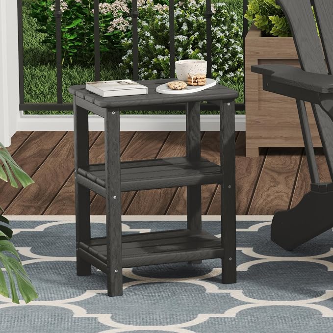 3 Tier Outdoor Side Table Adirondack Side Table HDPE End Table Patio Side Table Rectangle Tables for Outdoor Backyard Garden Balcony (Retro, Grey)