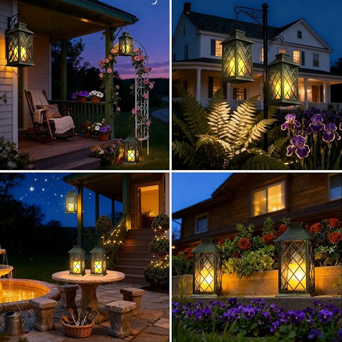 Otdair Solar Lanterns Outdoor Waterproof, 2 Pack 14" Hanging Flickering LED | Auto dusk-to-dawn; Flickering flame effect; 7–8h Runtime; IP65 waterproof; Retro style; Patio yard garden decor; Gift