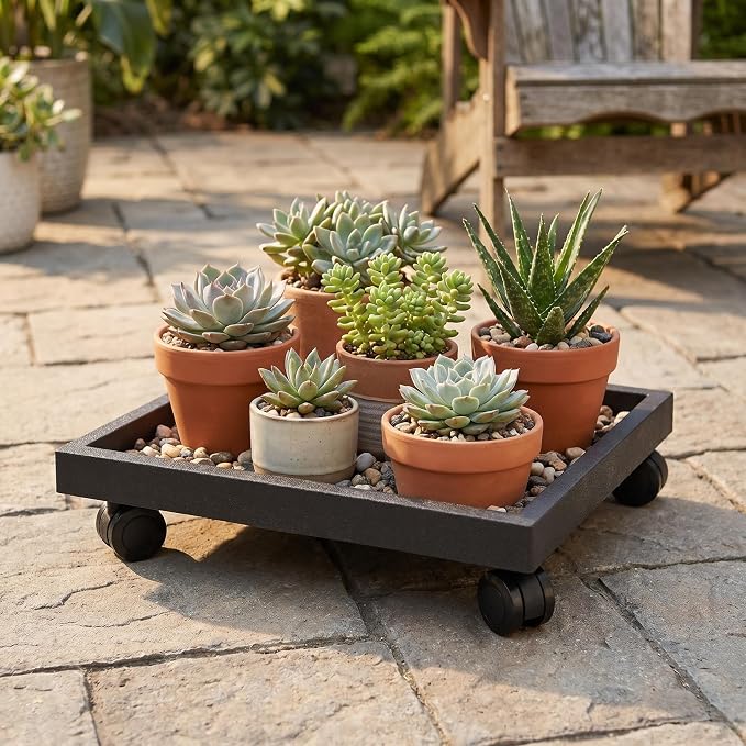 14.2 INCH Plant Caddy for Outside,Outdoor Square Planter Caddies for Patio Backyard Use, Rolling Saucer with Wheels, Heavy Duty Wheeled Planter Stand for Potted Plant, Brown