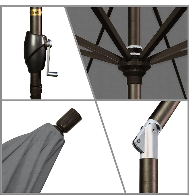 California Umbrella 9' Round Aluminum Market Umbrella, Crank Lift, Push Button Tilt, Bronze Pole