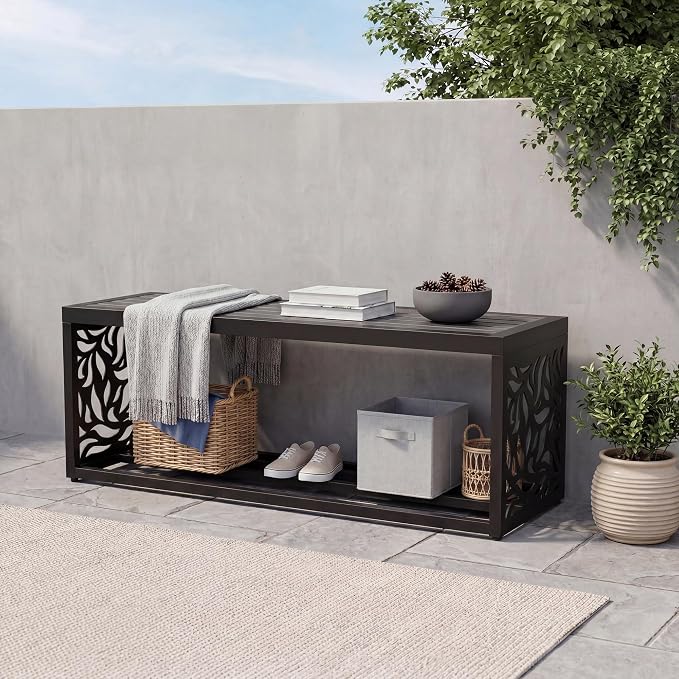 47" Outdoor Garden Bench with Storage Shelf, Modern Black Entryway Bench, Wood-Grain HDPE Seat, Galvanized Steel Frame with Powder Coating for Porch, Yard, Patio, Willow Leaf
