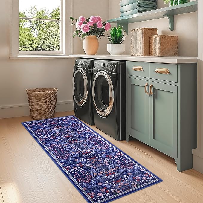 PLHXFR 2.6x8 Washable Runner Rug：Floral Indoor Kitchen Soft Carpet Blue | For Hallway Bedroom Kitchen Laundry Bathroom Dorm,Vintage Floral,Machine washable,Non Slip,Stain Resistant,Indoor Floor