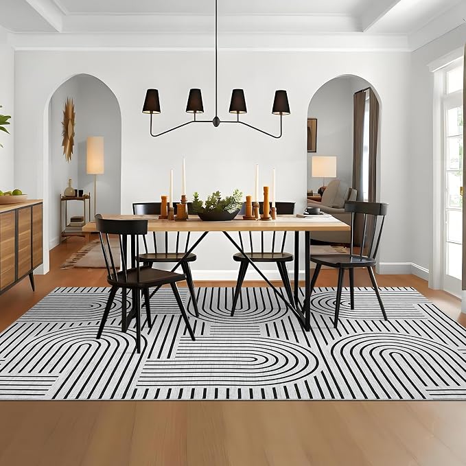 ROYHOME Modern Washable Rug Rainbow 3x5 Area Rugs for Living Room Non Slip | Abstract Rug for Bedroom, Throw Rugs with Rubber Back, Low Pile Stain Resistant Geometric Carpet for Playroom Dorm BlackWhite