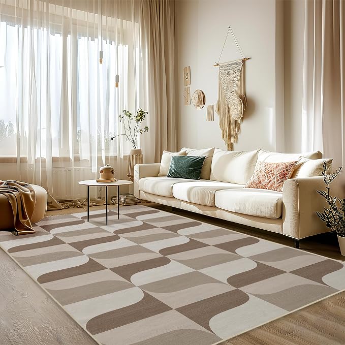 Area Rug 5x7 Modern Geometric Rug Neutral Beige Brown Abstract Mid Century Modern Rugs for Living Room Machine Washable Non-Slip Printed Low Pile Indoor Carpet for Bedroom Dining Room Office