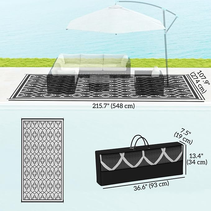 Outsunny Outdoor Rug for Patio, 9' x 18' Waterproof Large Mat, Reversible Plastic Straw Rug for Decor, Portable Outside RV Camping Area Carpet Mat for Backyard Porch Deck Picnic, Black & White Lantern