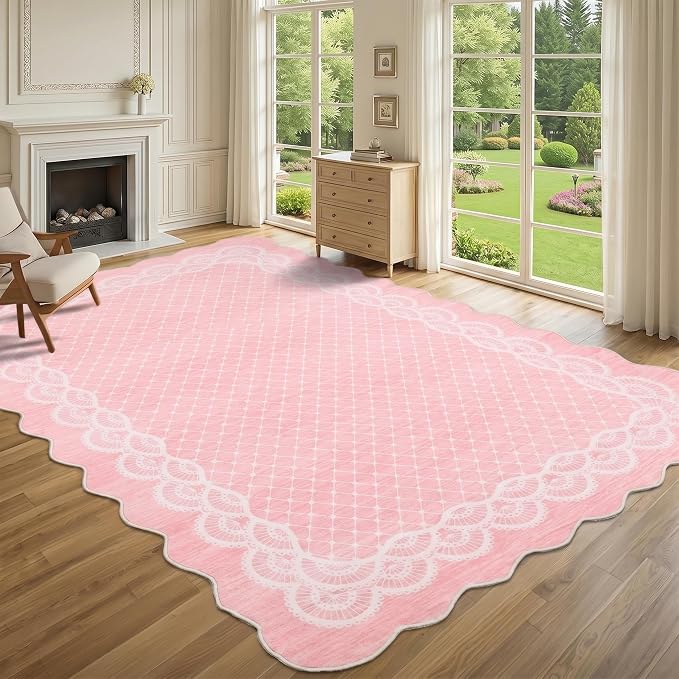 Garvee Washable Scalloped 9x12 Area Rug for Living Room, Lace Pink Rug | Washable Rugs 9x12, Soft Low Pile Non Slip Scalloped Rugs for Under Table Nursery College Bedroom Playroom