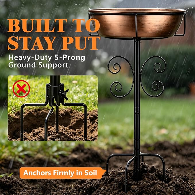 Btefd 3" Deep 43" Tall Copper Metal Bird Bath for Outdoor, 12" Dia Removable Bird Baths Water Bowl for Outside, Standing Birdbaths with Stable Stake for Garden Yard Lawn Decor 1.4 Gallon